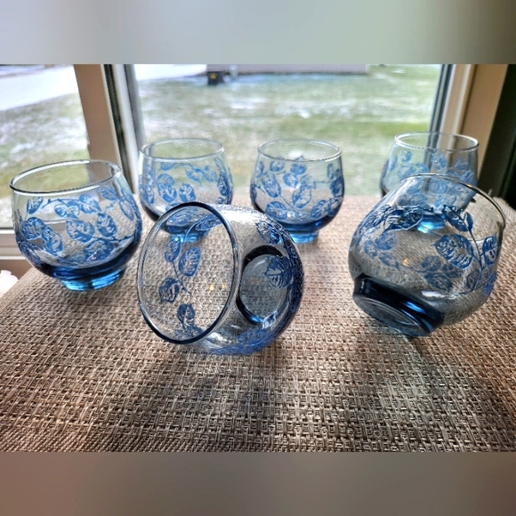 6 Vtg Libbey Glass Roly Poly Blue Autumn Leaves Eventide Whiskey Rocks Glasses - Picture 1 of 6